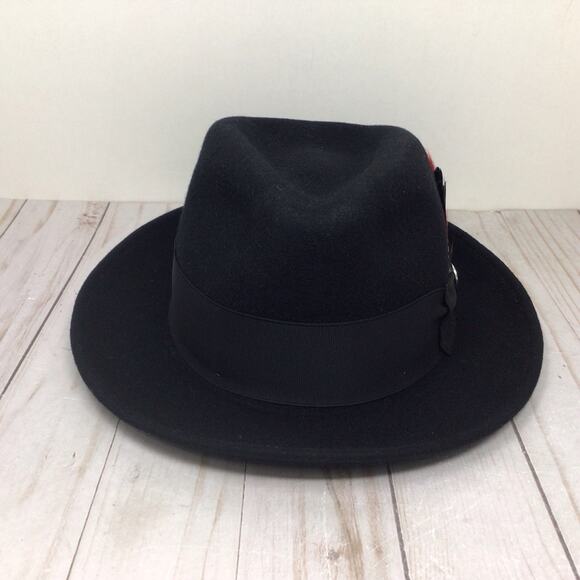 Stetson Frederick Black Wool Felt Fedora Hat With Feather Size 6 7/8 Silk Liner - Picture 1 of 6